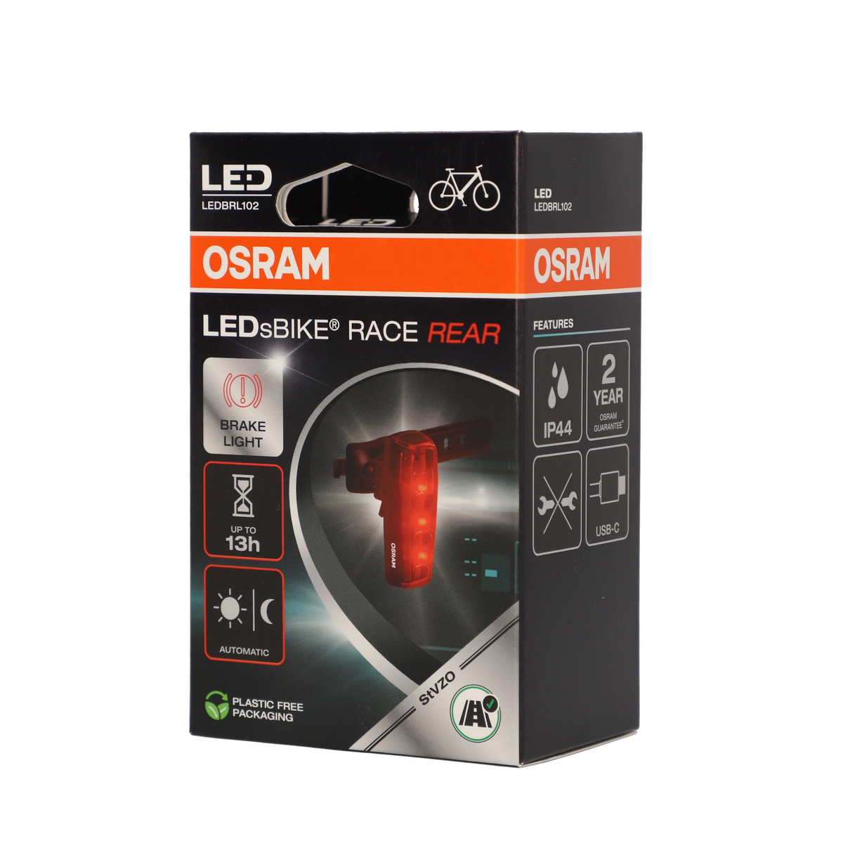 Verpackung einer roten Osram LED Fahrradrückleuchte mit Bremslichtfunktion.