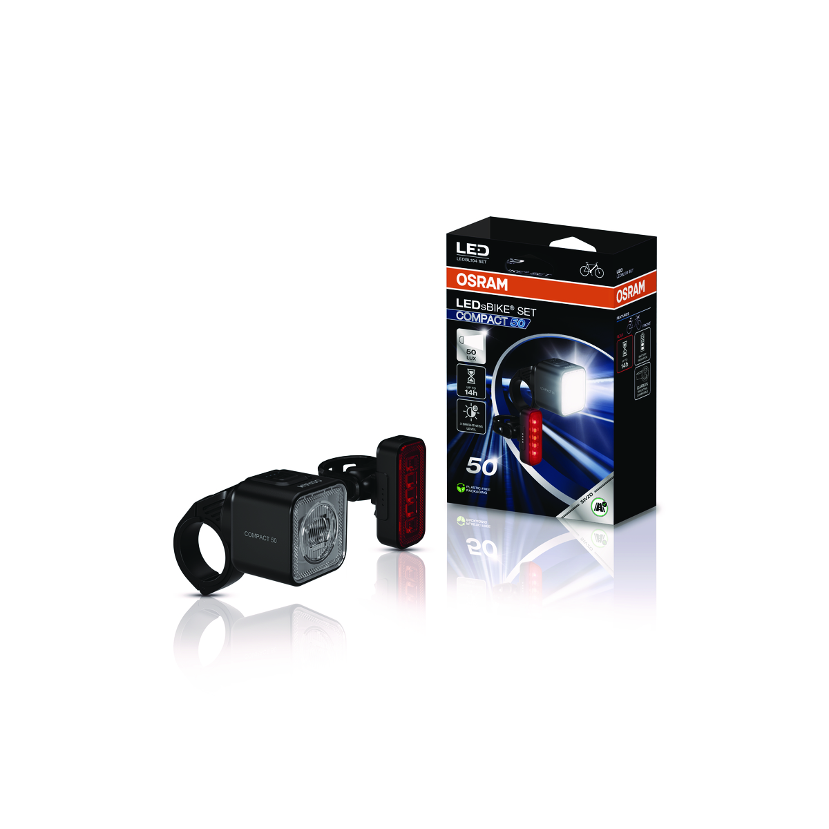 Osram LED Fahrradlichter-Set, weißer Frontscheinwerfer, rotes Rücklicht.