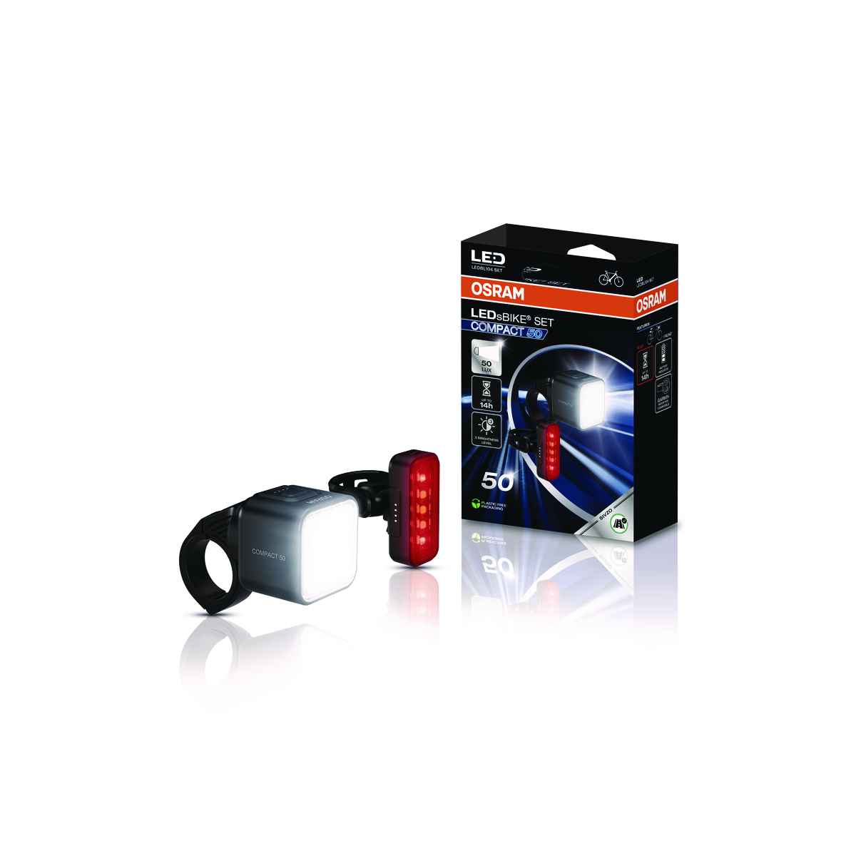OSRAM Fahrradlicht-Set: weiße Frontleuchte, rote Rückleuchte, Verpackung.