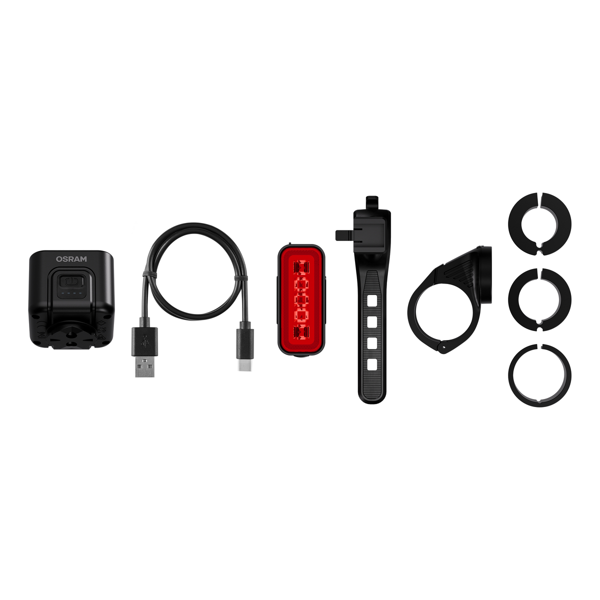 Osram Fahrradlicht-Set mit USB-Kabel, rotem Rücklicht, Gurt, Halterung u. Abstandhaltern.