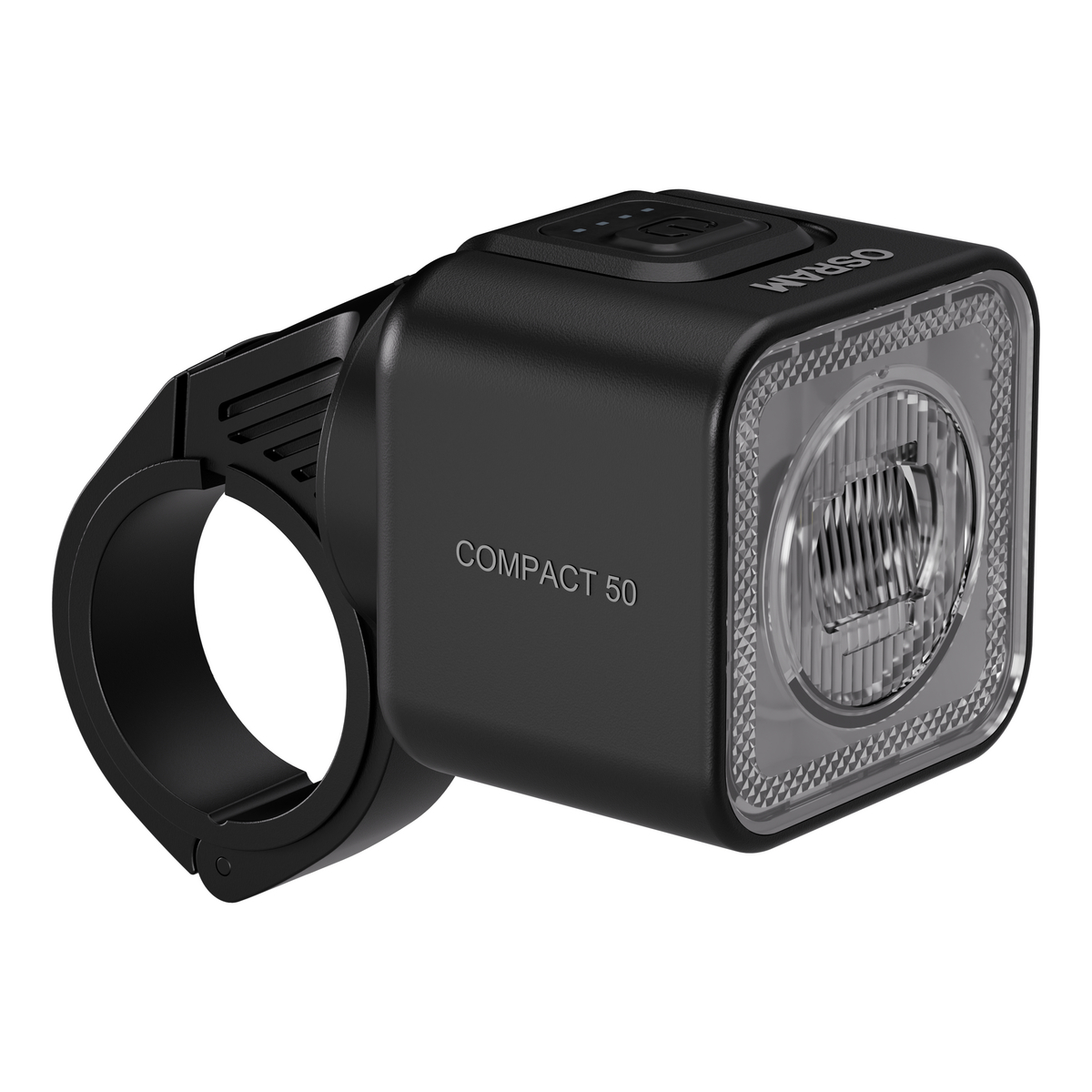 Schwarze Osram Compact 50 Fahrradlampe mit Halterung. Weißer Hintergrund.
