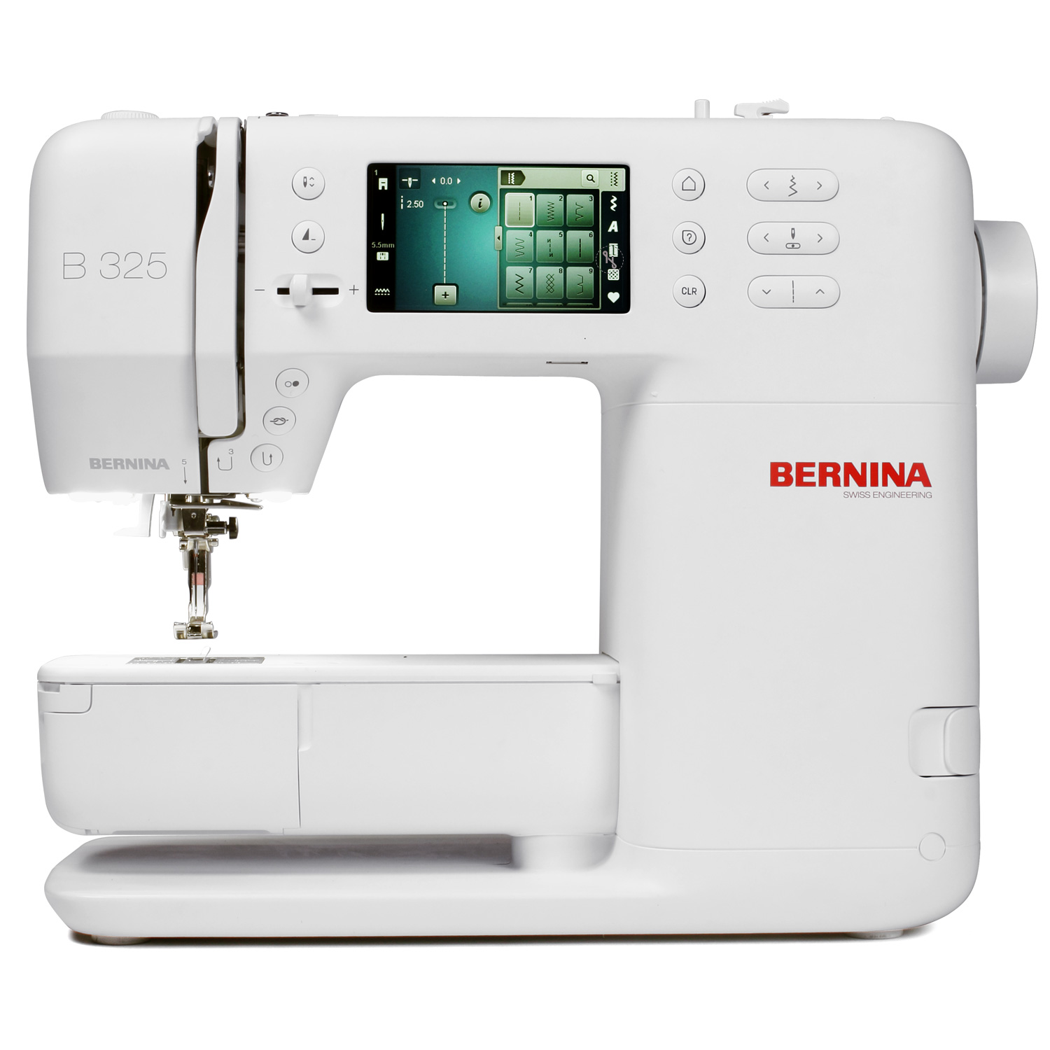 Weiße Nähmaschine Bernina B 325 mit Touchscreen und Bedienelementen.
