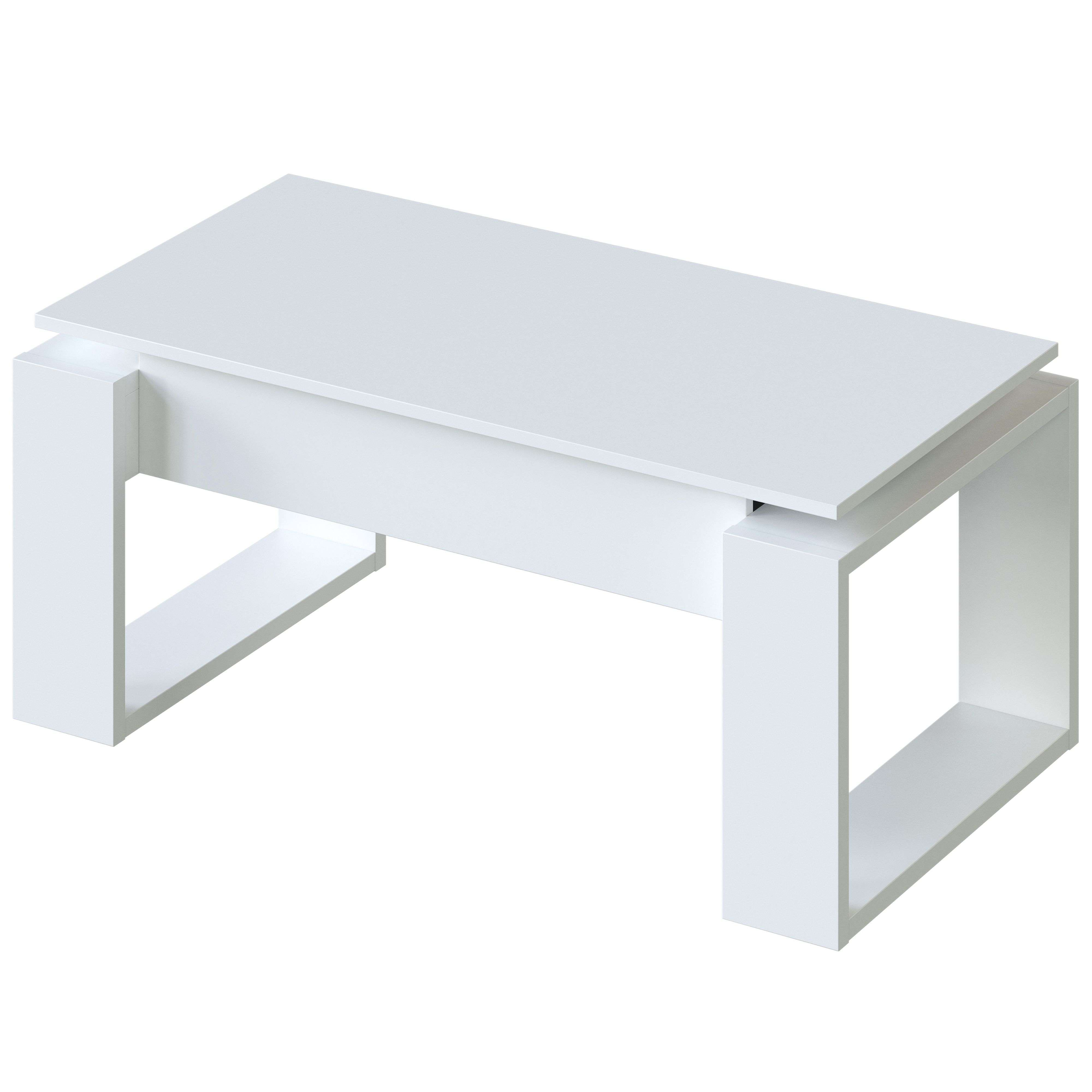 Una mesa de centro blanca moderna con diseño rectangular y laterales abiertos.