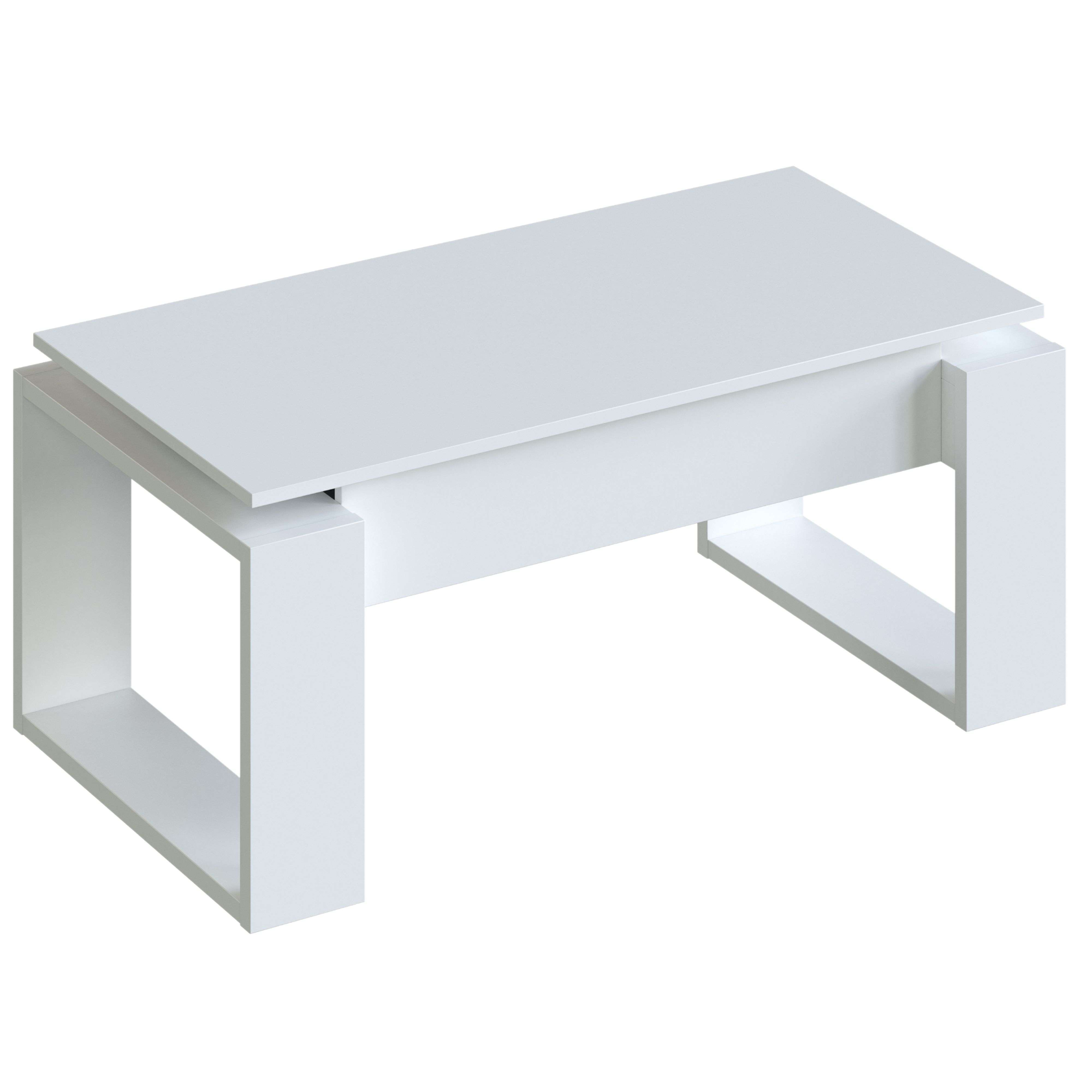 Una mesa de centro blanca moderna con dos compartimentos abiertos.