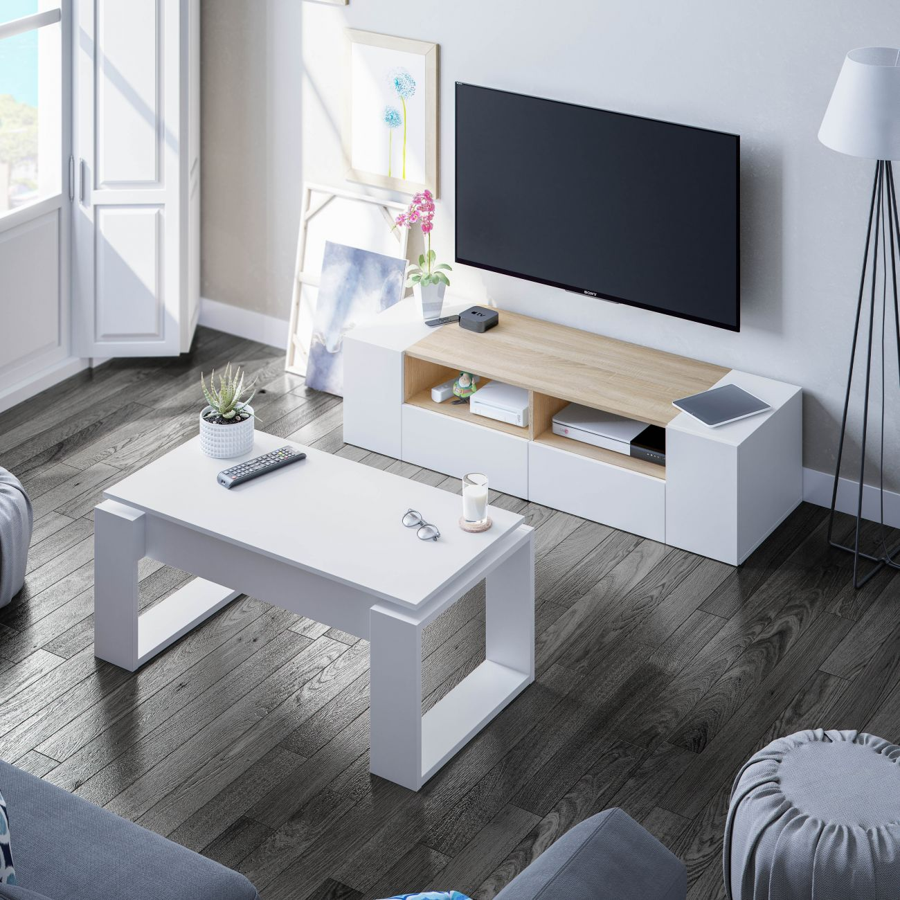 Una sala de estar moderna con mesa de centro blanca, TV, sofá y lámpara.
