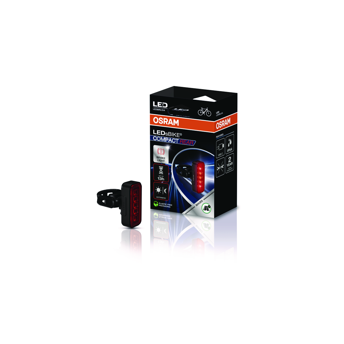 OSRAM LED Fahrradrücklicht mit Bremslichtfunktion, USB-C, IP54, 2 Jahre Garantie.