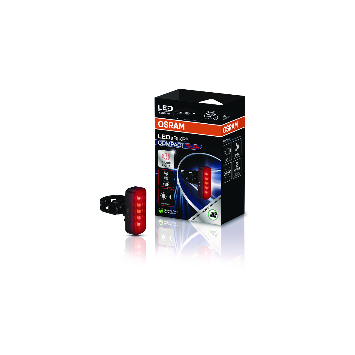 Osram LED Fahrradrücklicht und Verpackung. Rotes Licht mit schwarzem Band.