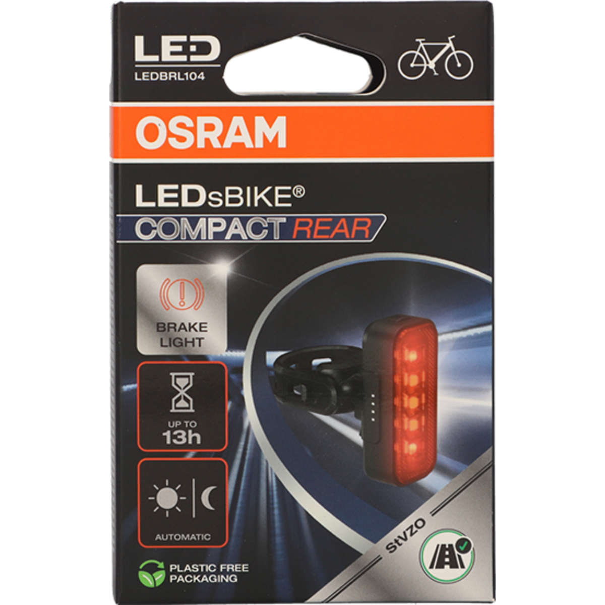 Osram LED Fahrradrücklicht-Verpackung mit Bremslichtfunktion und 13h Laufzeit.