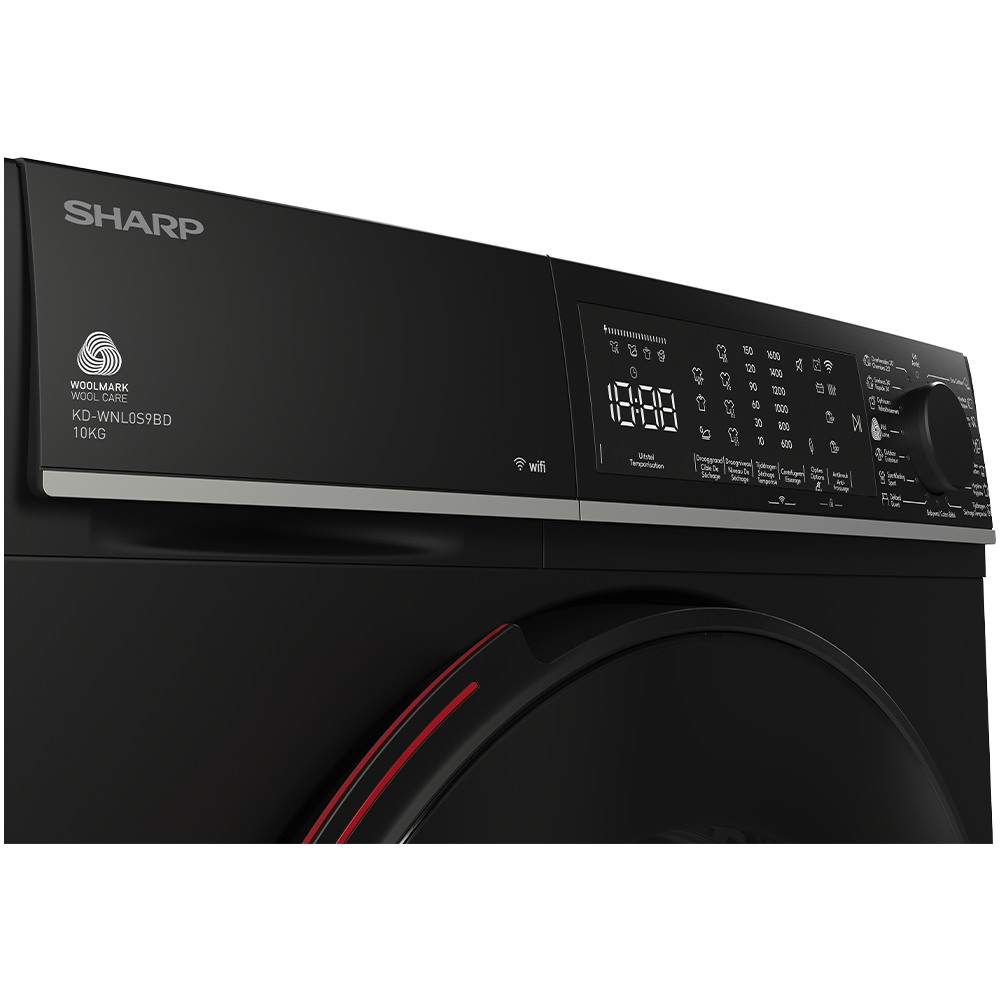 Black Sharp washing machine with digital display, Woolmark logo, and 10kg capacity.