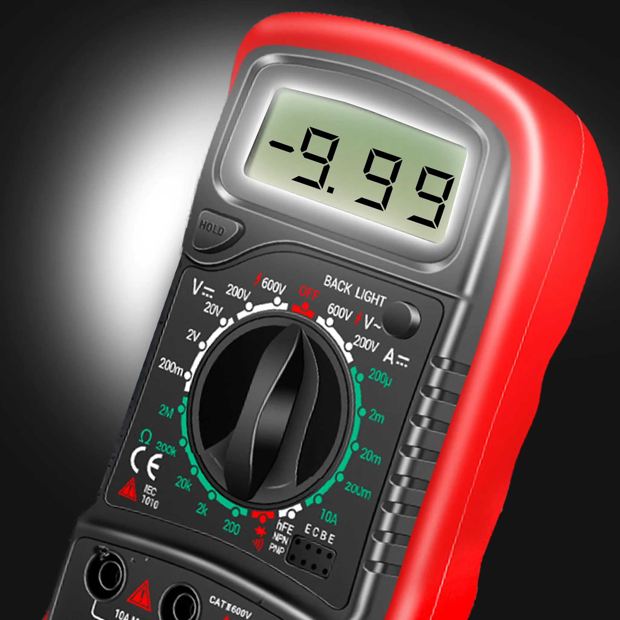Ein rotes Multimeter mit digitaler Anzeige, die -9,99 anzeigt.