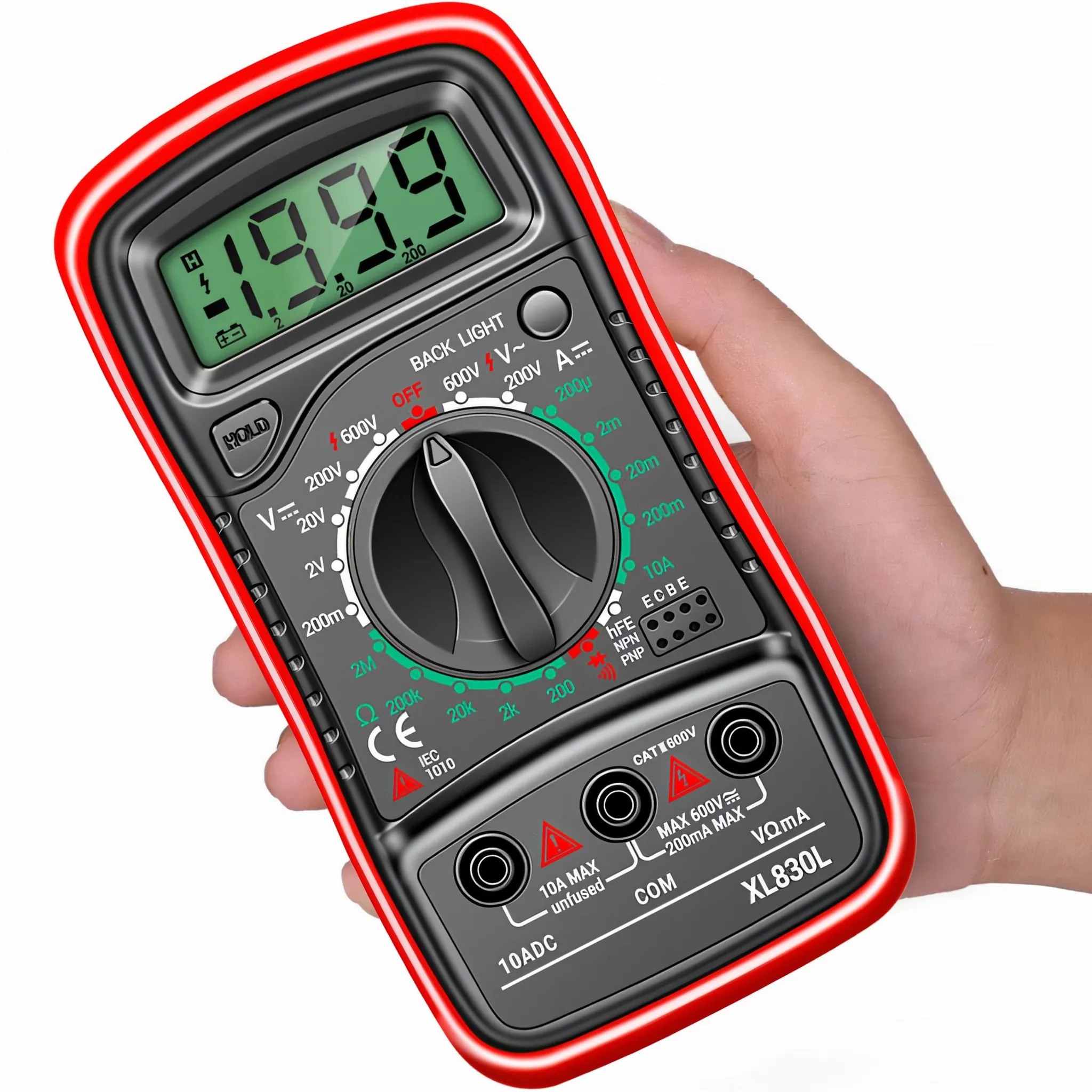 Ein Multimeter mit rotem Gehäuse wird in einer Hand gehalten. Das Display zeigt 19.9.9.