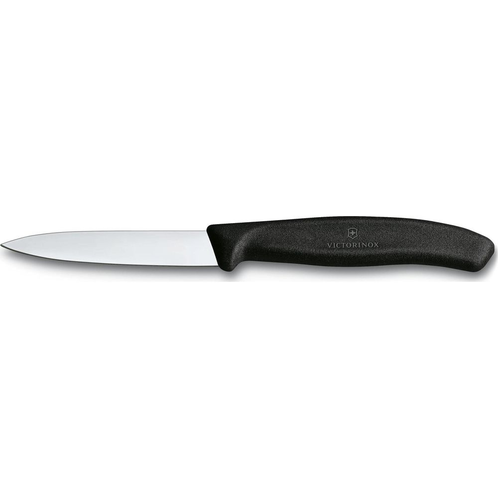 Siyah saplı, uzun gümüş bıçaklı bir Victorinox bıçağı.