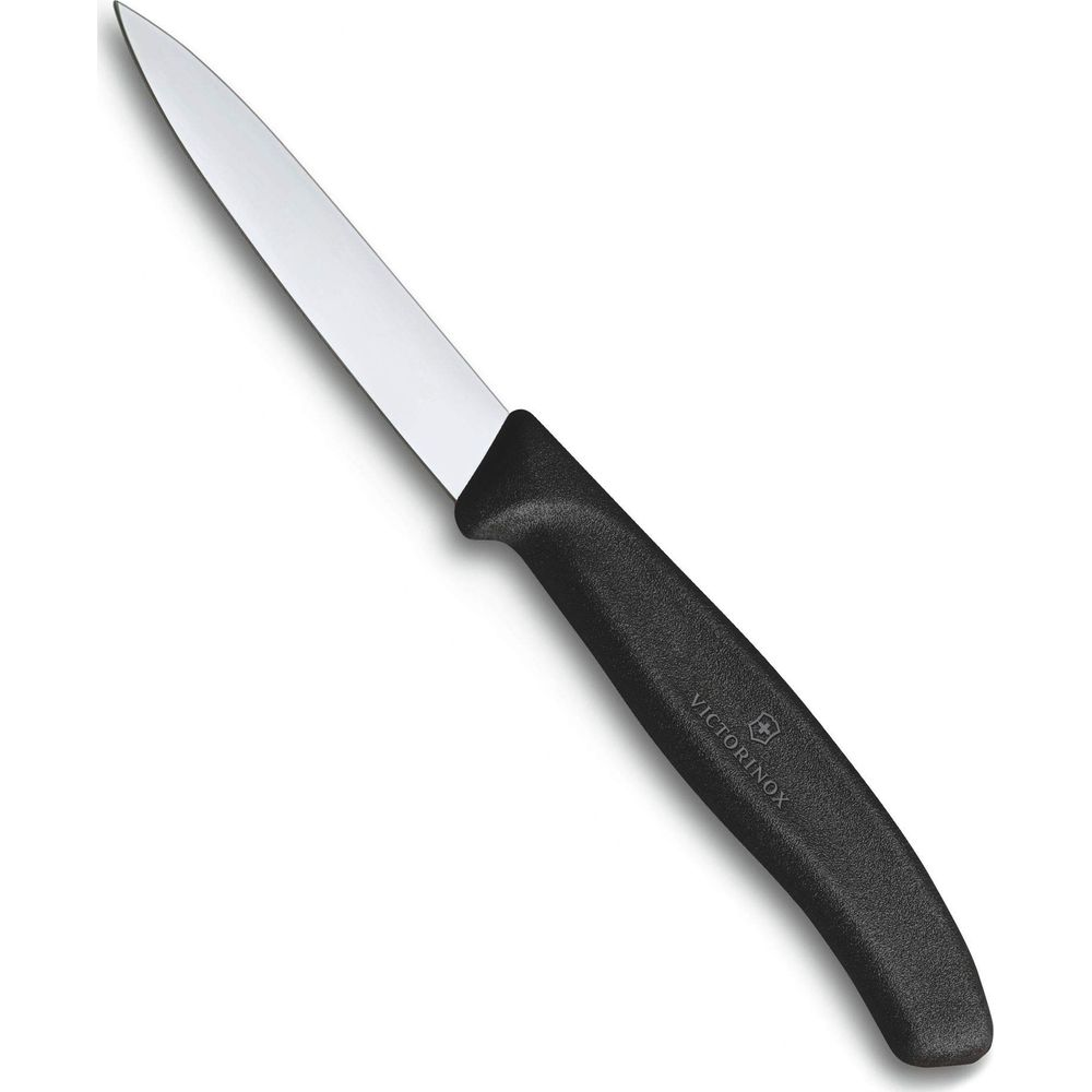 Victorinox logolu siyah saplı gümüş renkli bıçak.