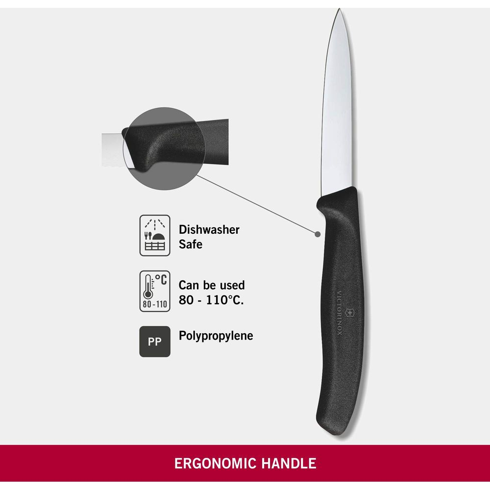 Çelik bıçaklı, siyah saplı bıçak, bulaşık makinesinde yıkanabilir, 80-110C.