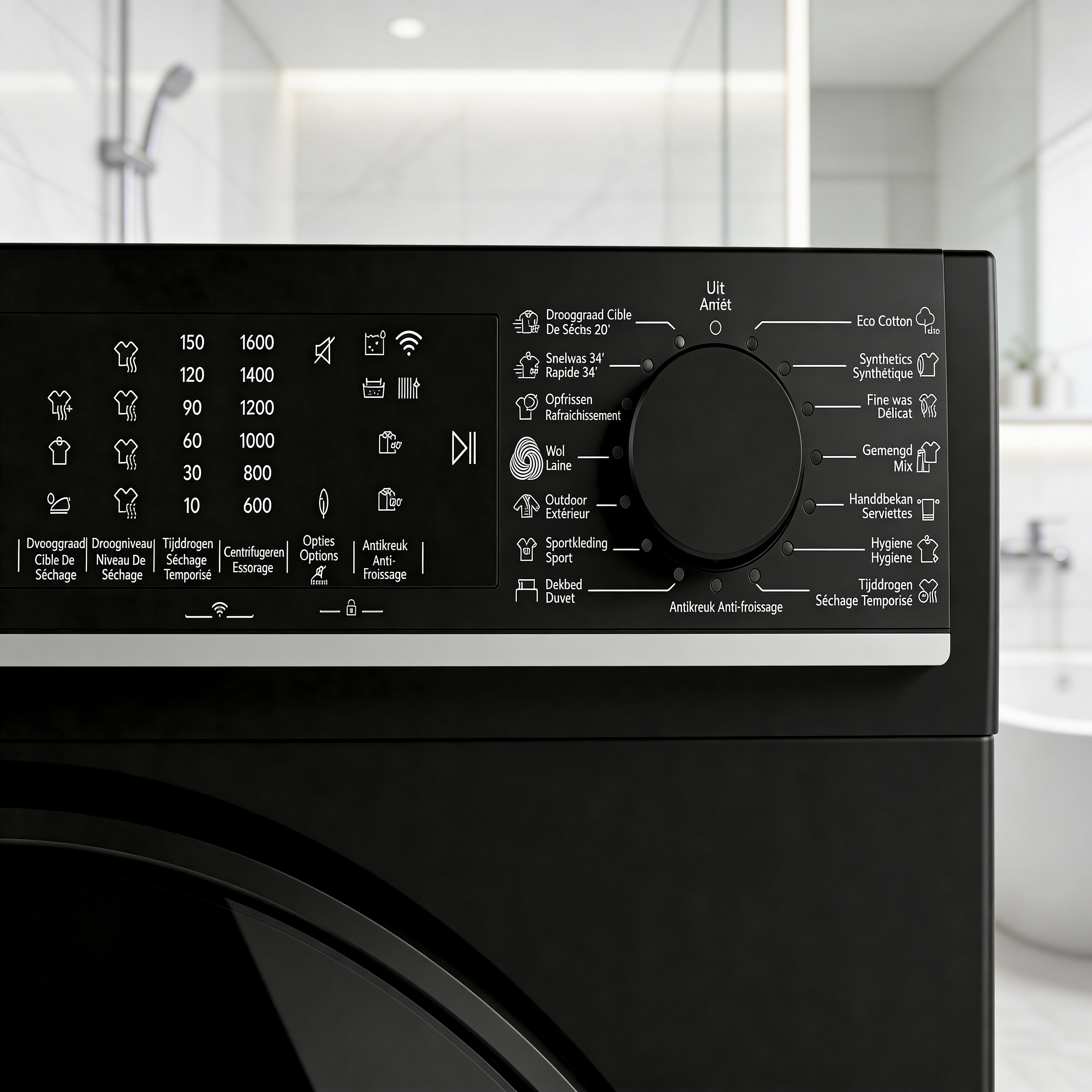 Washing machine control panel with program selection and numbers.