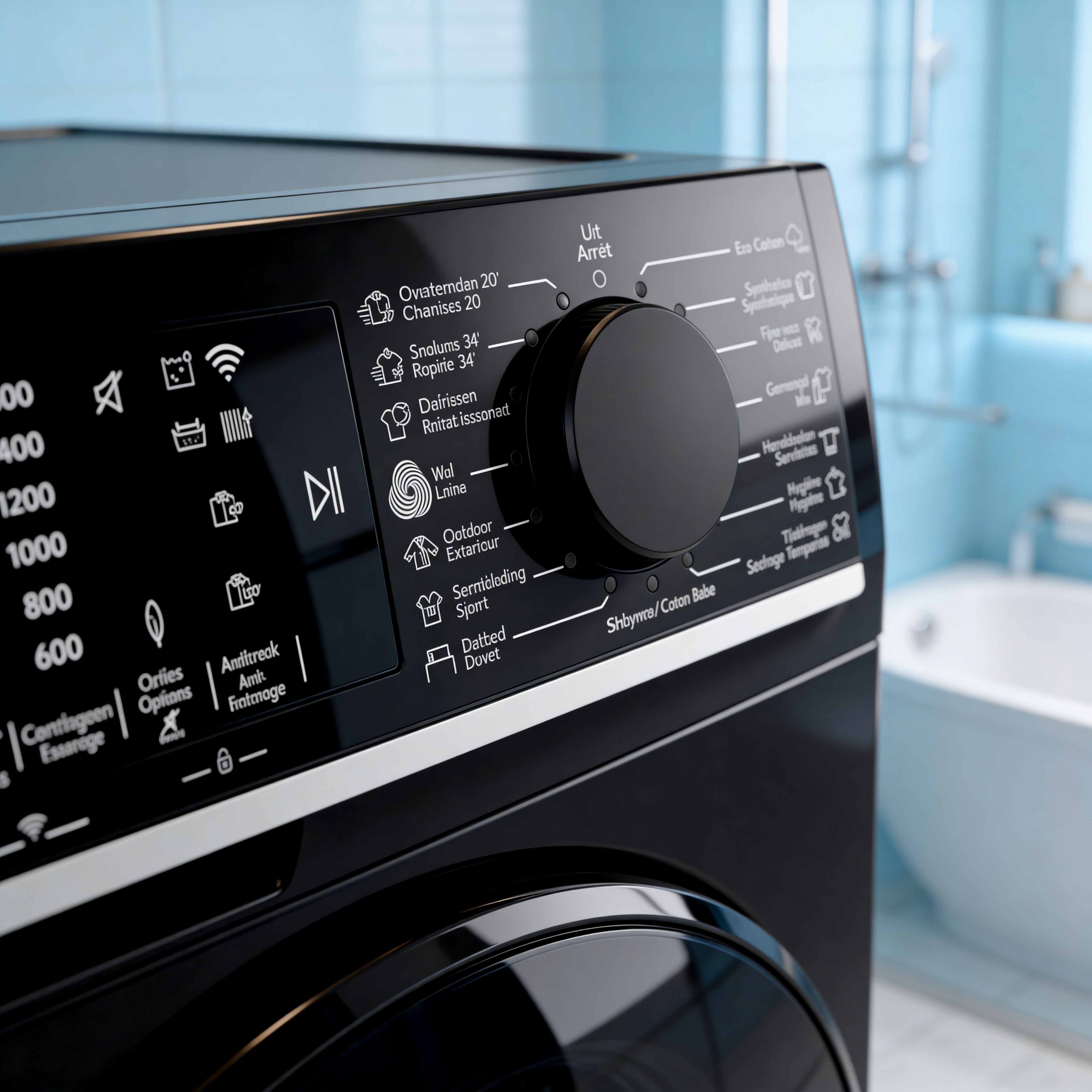 Close-up of a black washing machine control panel with a bathroom in the background.