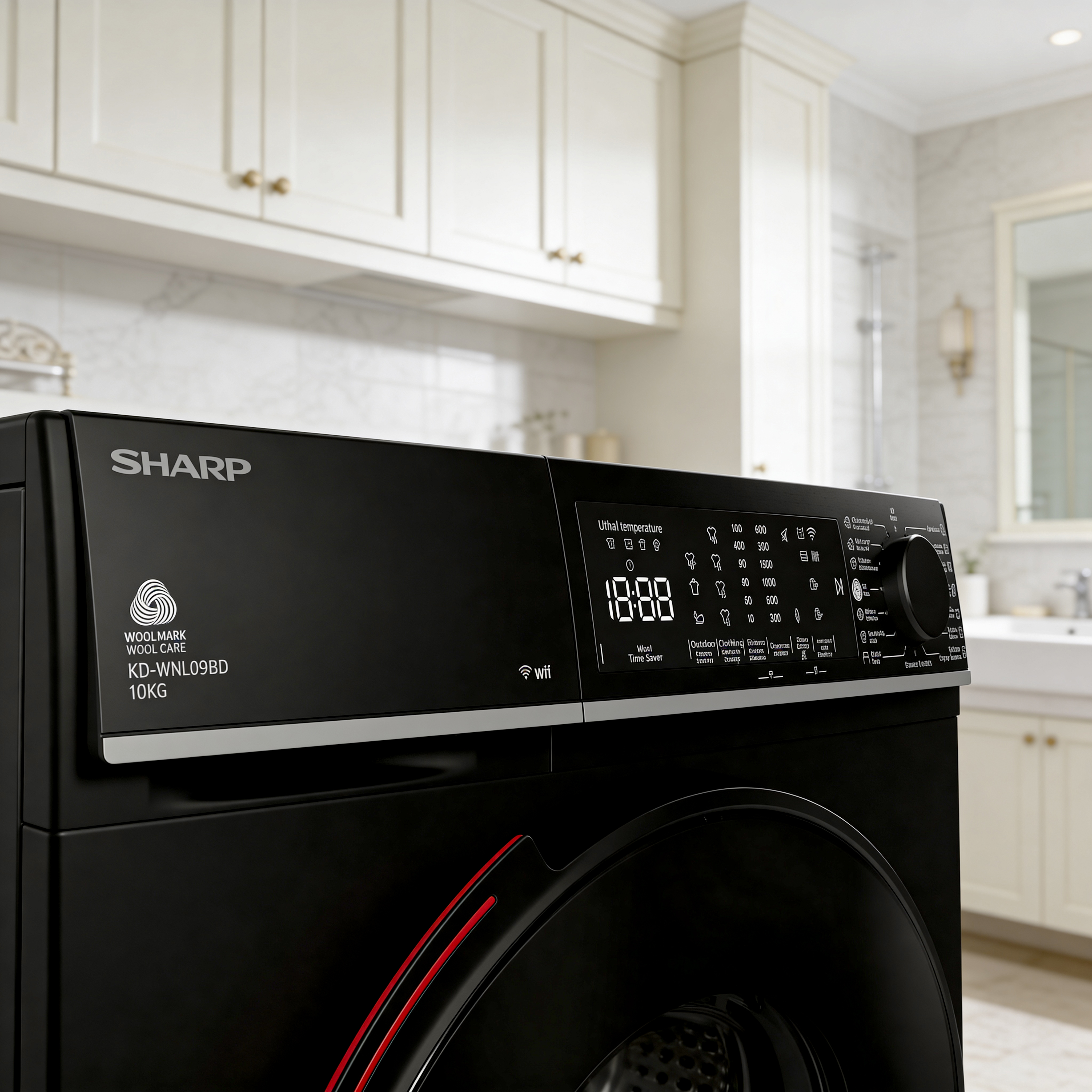 Black Sharp washing machine with Woolmark logo, 10kg capacity, in a bathroom.