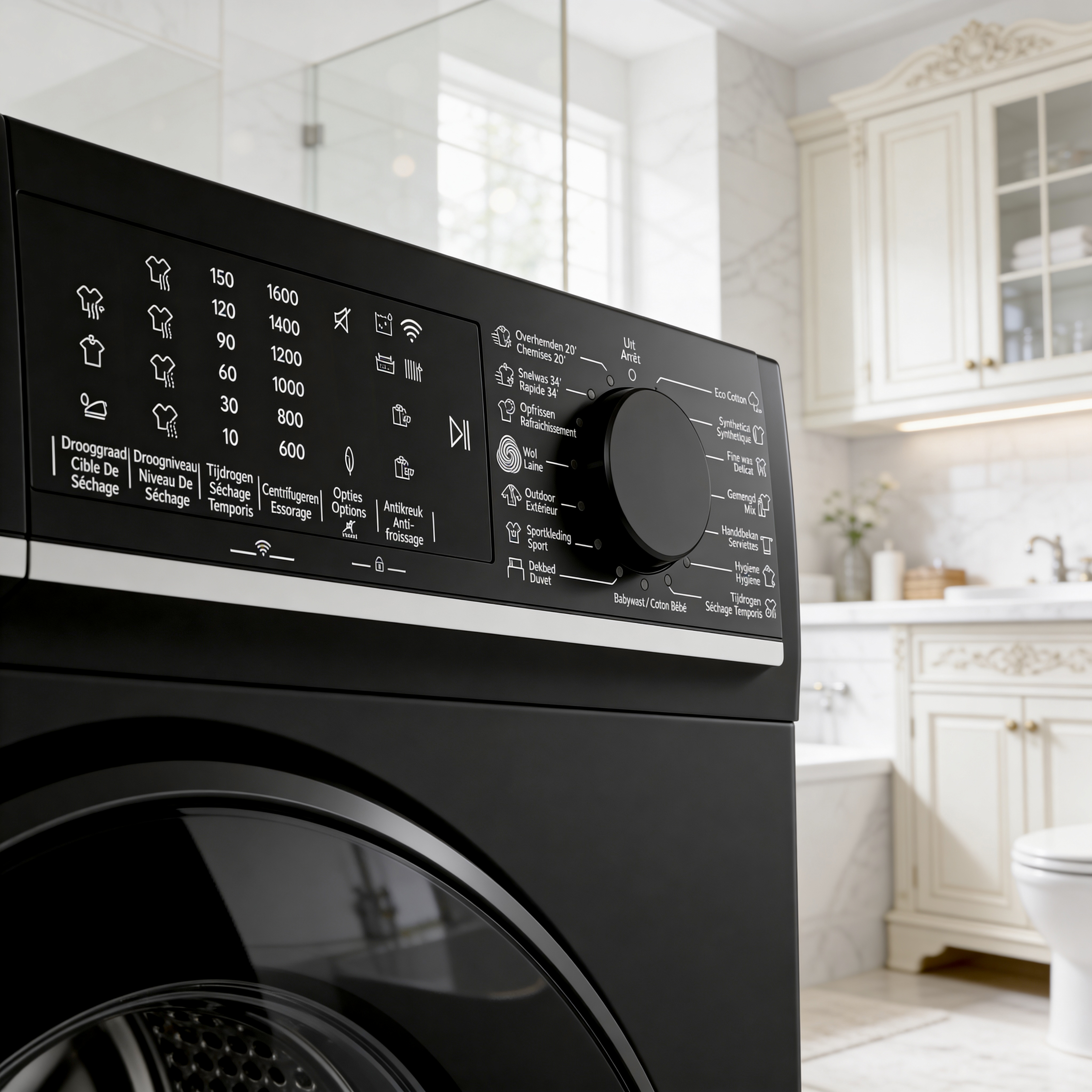 Black washing machine control panel in a bathroom setting.