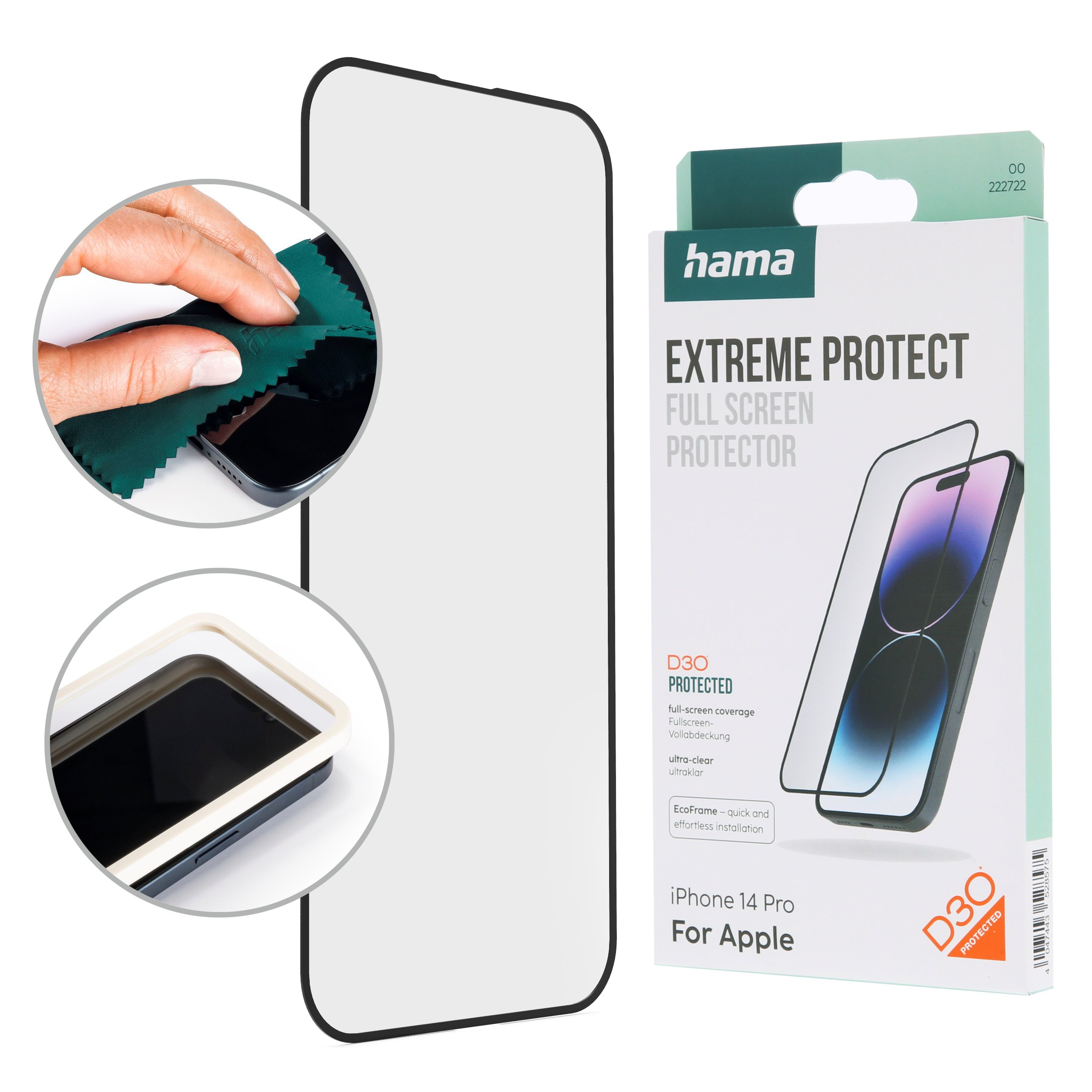 Folia ochronna Hama iPhone 14 Pro z ściereczką i ramką montażową.