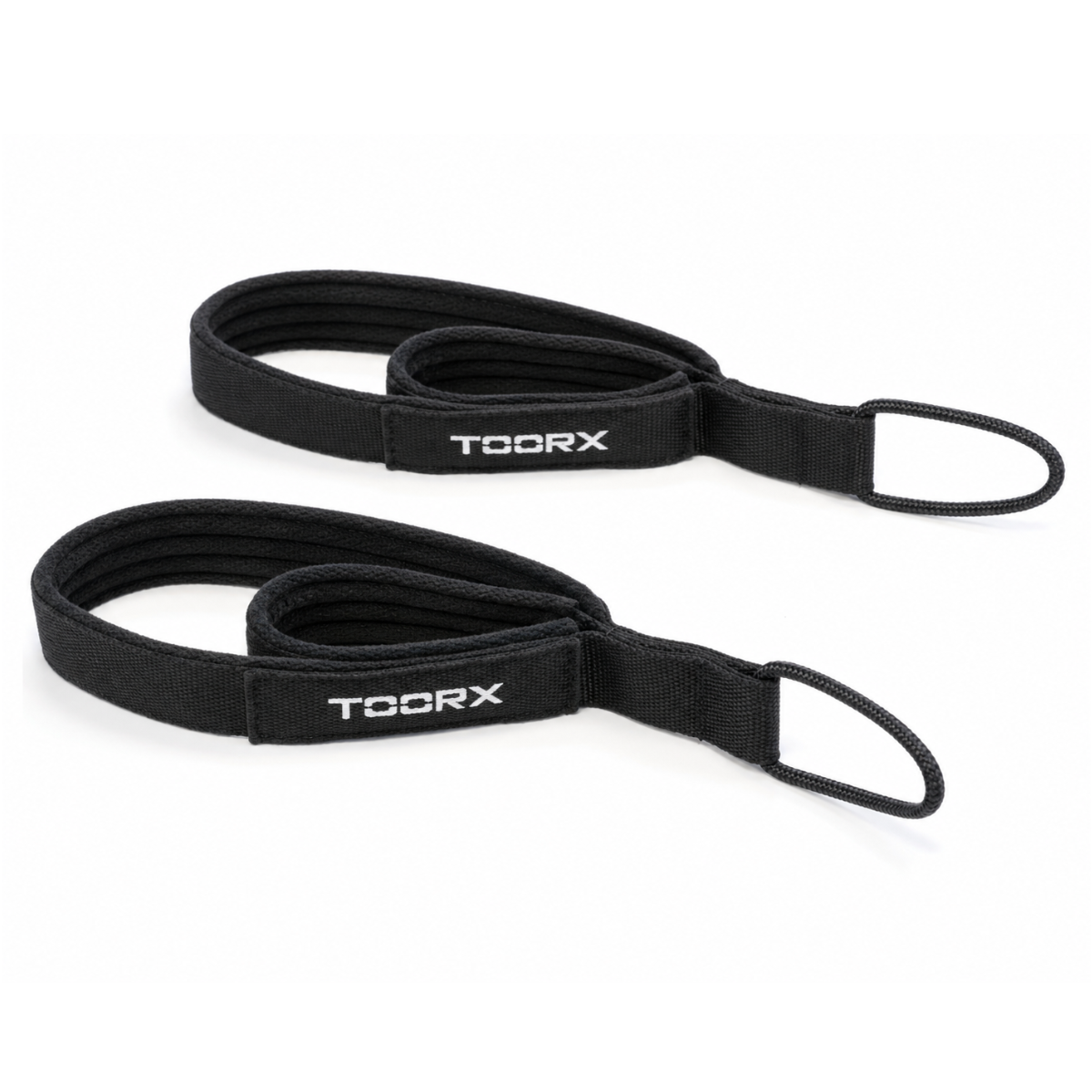 Twee zwarte TOORX stoffen lussen met witte logo op witte achtergrond.