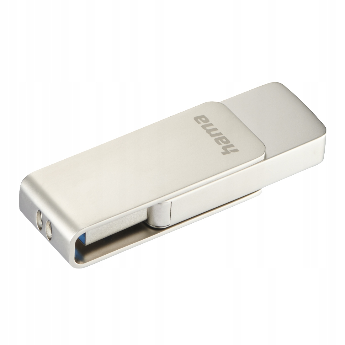 Srebrny pendrive z obrotową obudową i logo Hama.