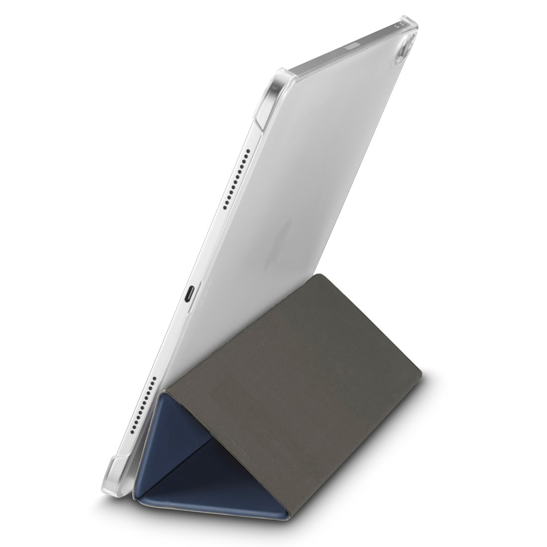 Srebrny tablet w szarej obudowie pełniącej funkcję podstawki.