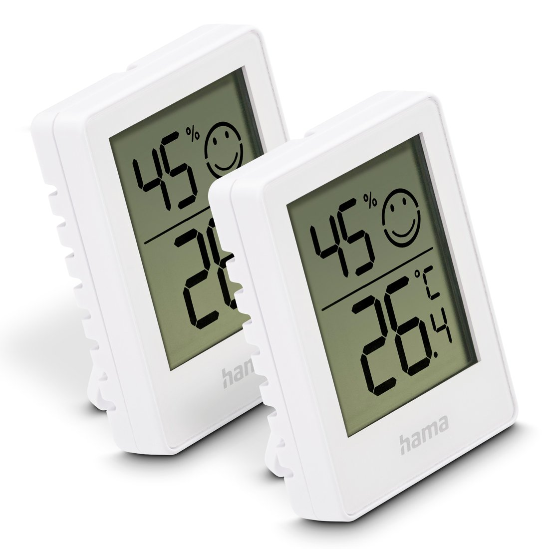 Dwa białe cyfrowe termometry/higrometry pokazują 45% i 26.4°C.