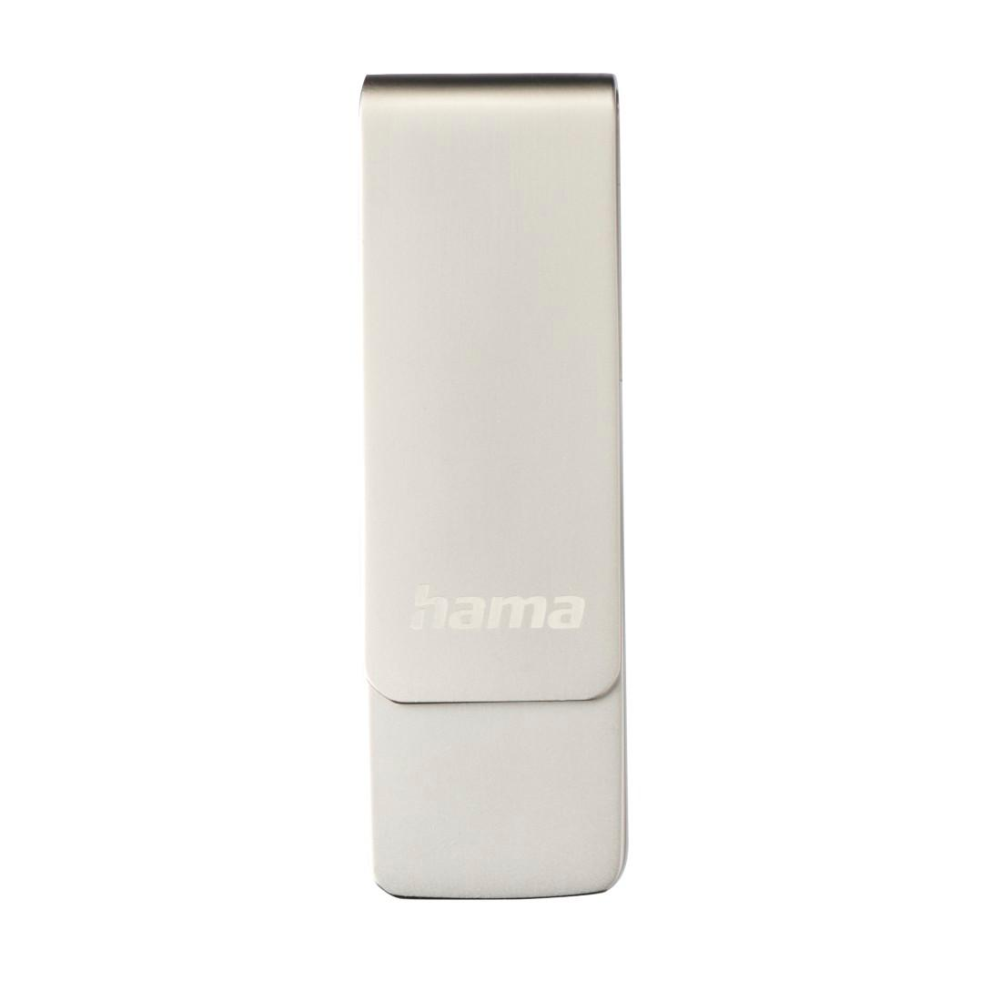 Srebrny pendrive Hama z szczotkowanym metalowym wykończeniem, na białym tle.