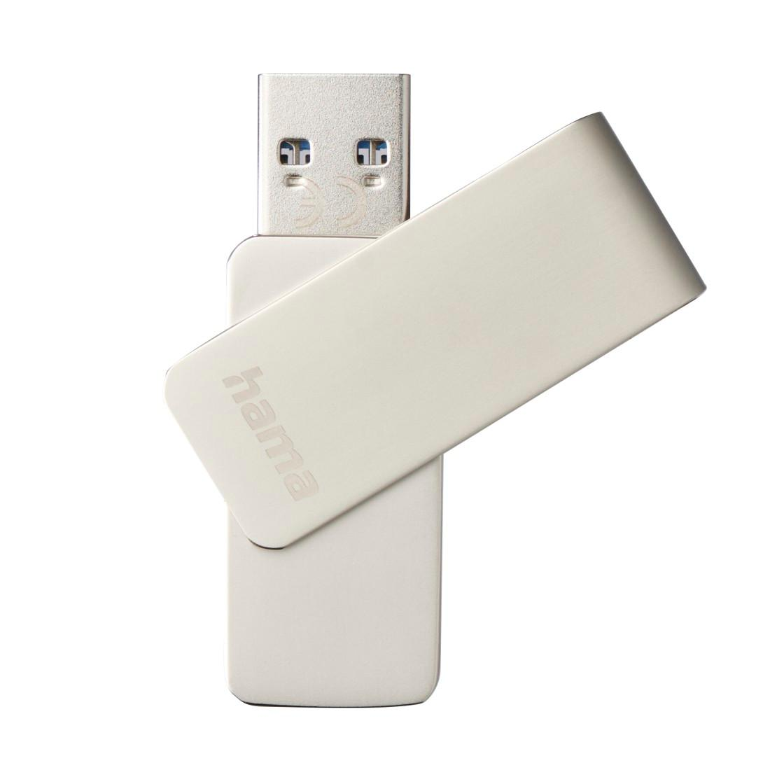 Srebrny pendrive z obrotową obudową i logo "hama".