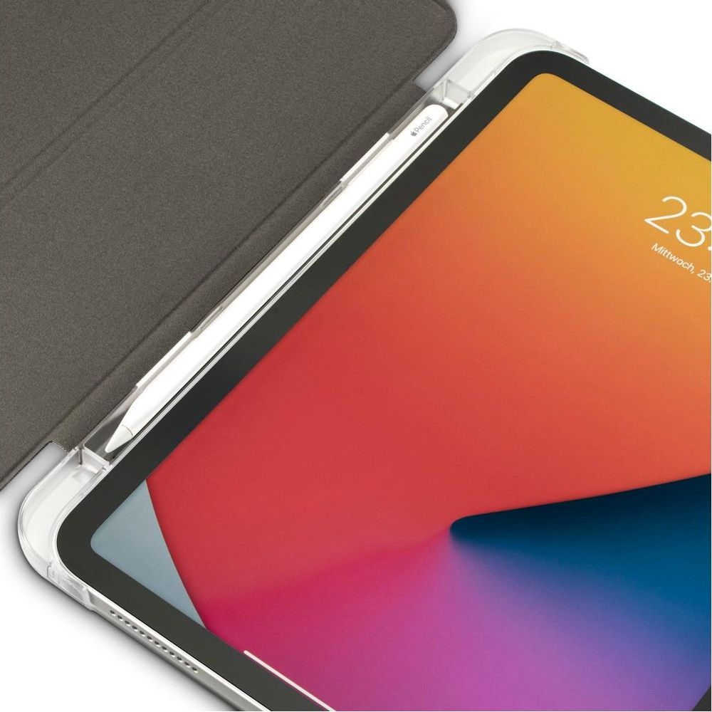 Tablet z rysikiem przymocowanym do boku. Ekran pokazuje godzinę i gradient koloru.