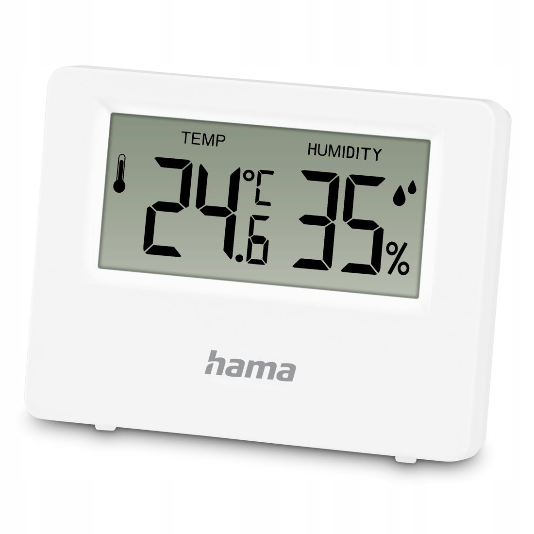 Biały termometr cyfrowy pokazuje 24,6°C i 35% wilgotności.