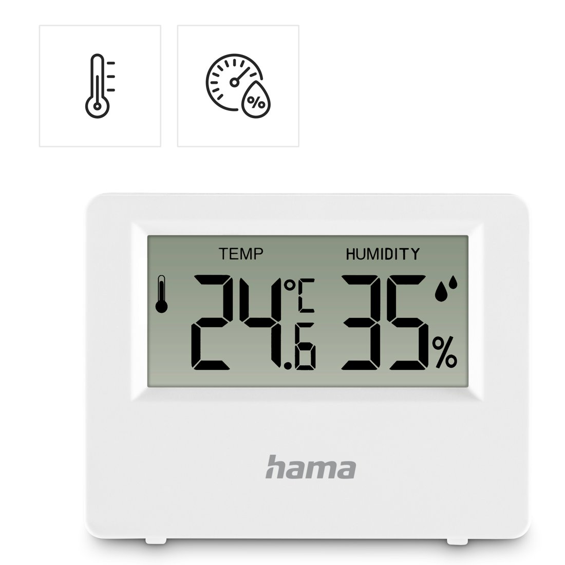 Biały cyfrowy termometr/higrometr pokazuje 24,6°C i 35%.