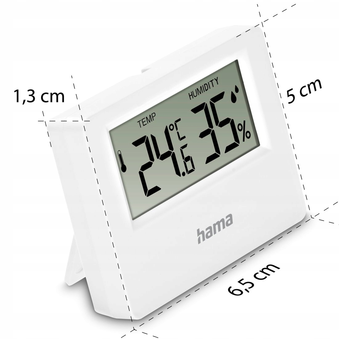 Biały cyfrowy termometr/wilgotnościomierz pokazuje 24,6°C i 35% wilgotności. Marka Hama.