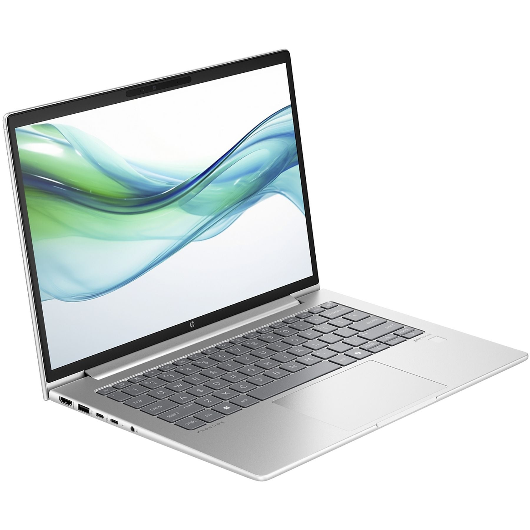 Un laptop argento aperto con un motivo astratto a onde sullo schermo.