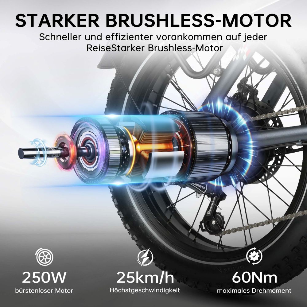 Primer plano de un motor de e-bike con especificaciones: 250W, 25km/h, 60Nm.