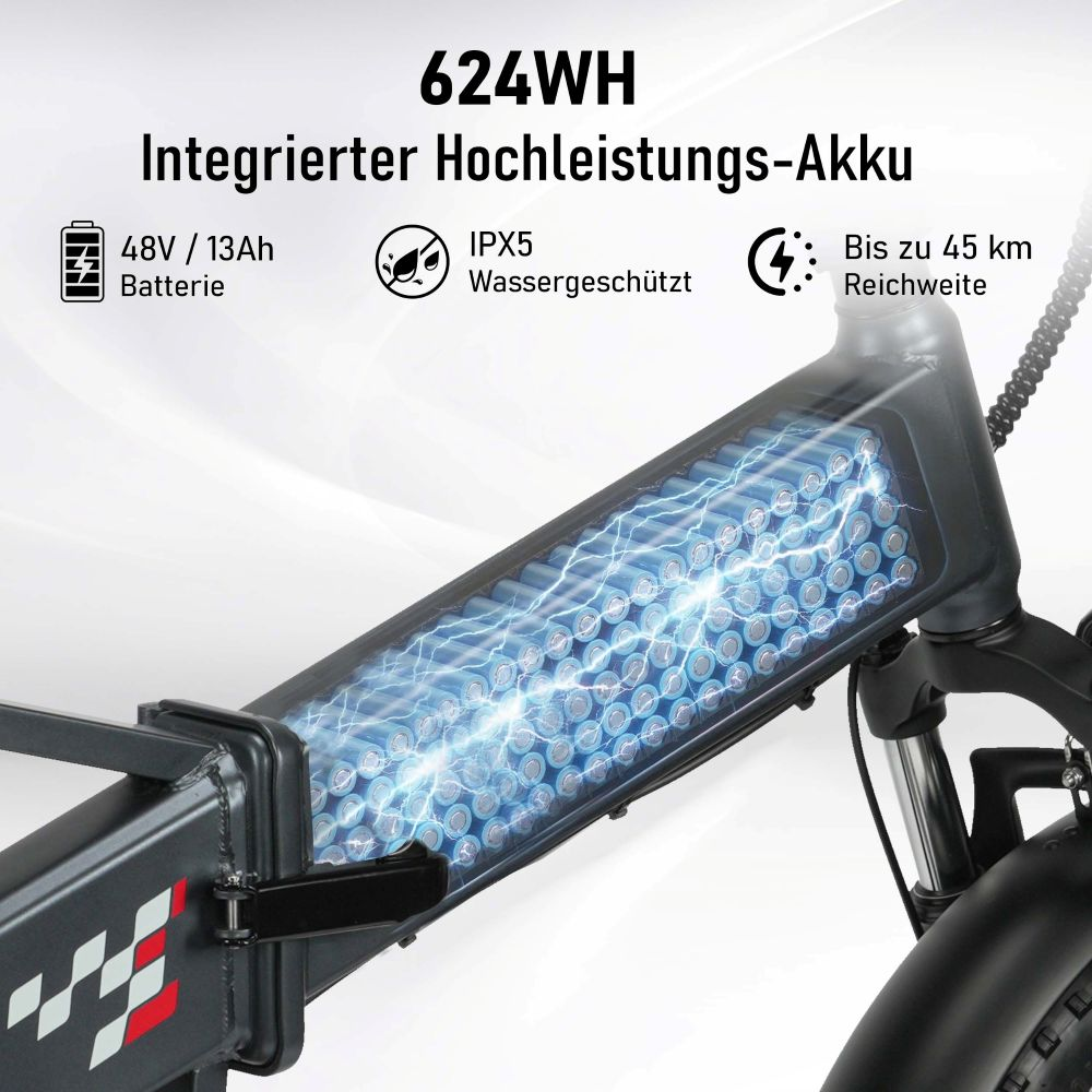 Batería integrada de 624Wh, 48V/13Ah, IPX5 resistente al agua, hasta 45 km.