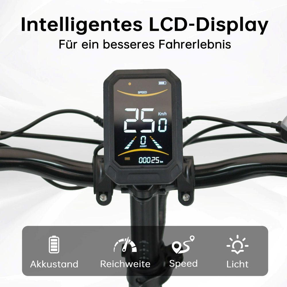 Pantalla LCD inteligente para e-bike que muestra velocidad 25 km/h y autonomía.