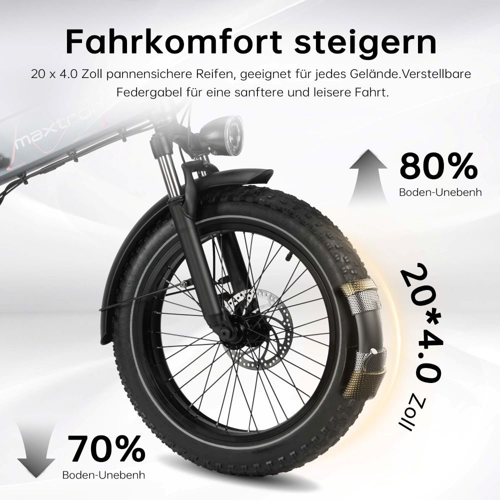 Neumático delantero de bicicleta eléctrica con texto 'Aumenta el confort de marcha' y porcentajes.