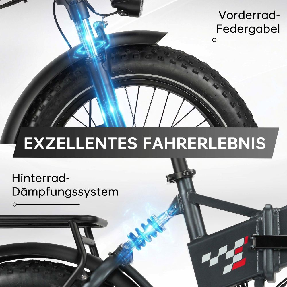 Suspensión delantera y sistema de amortiguador trasero de bicicleta eléctrica resaltados.