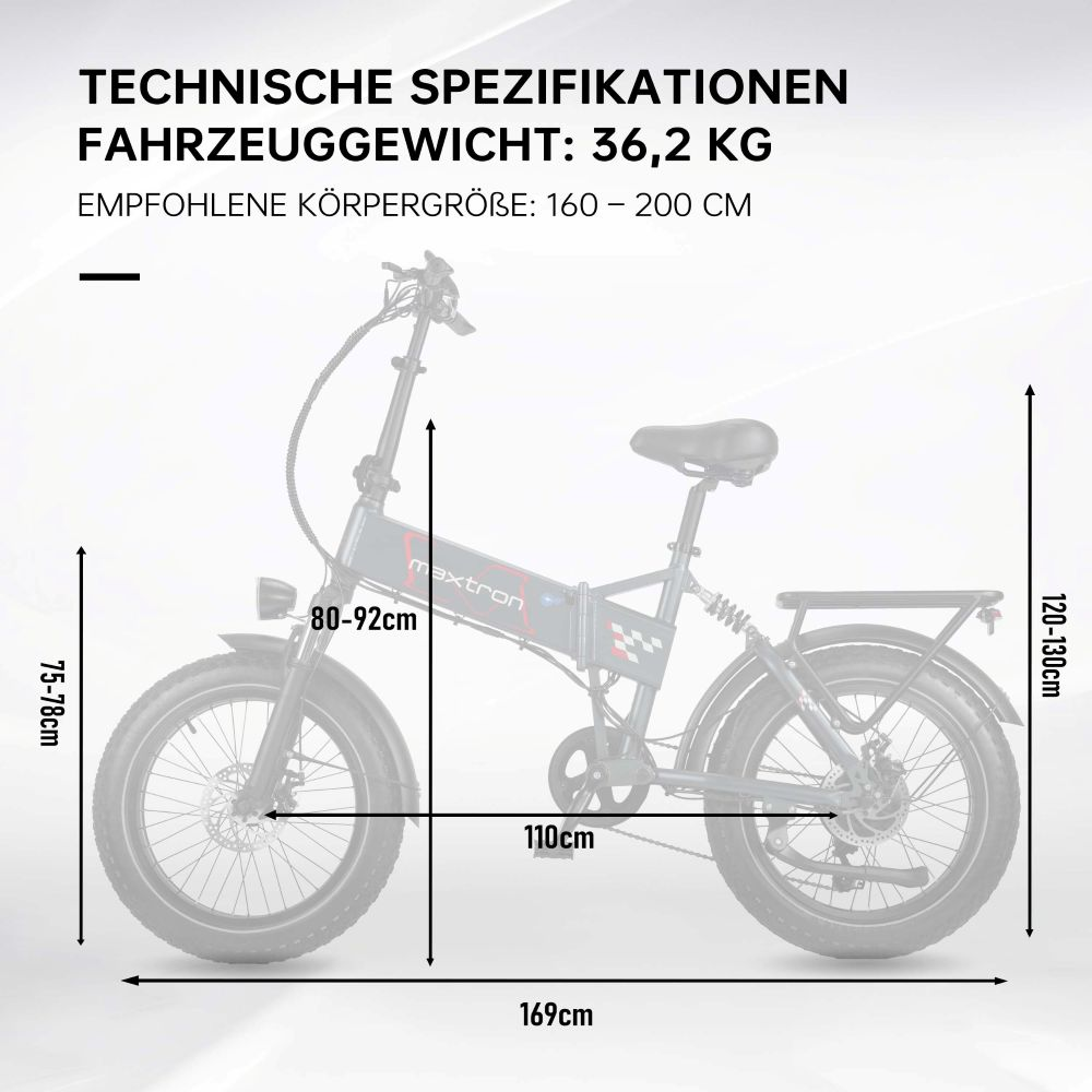 Una bicicleta eléctrica plegable negra con logo Maxtron, medidas y especificaciones.