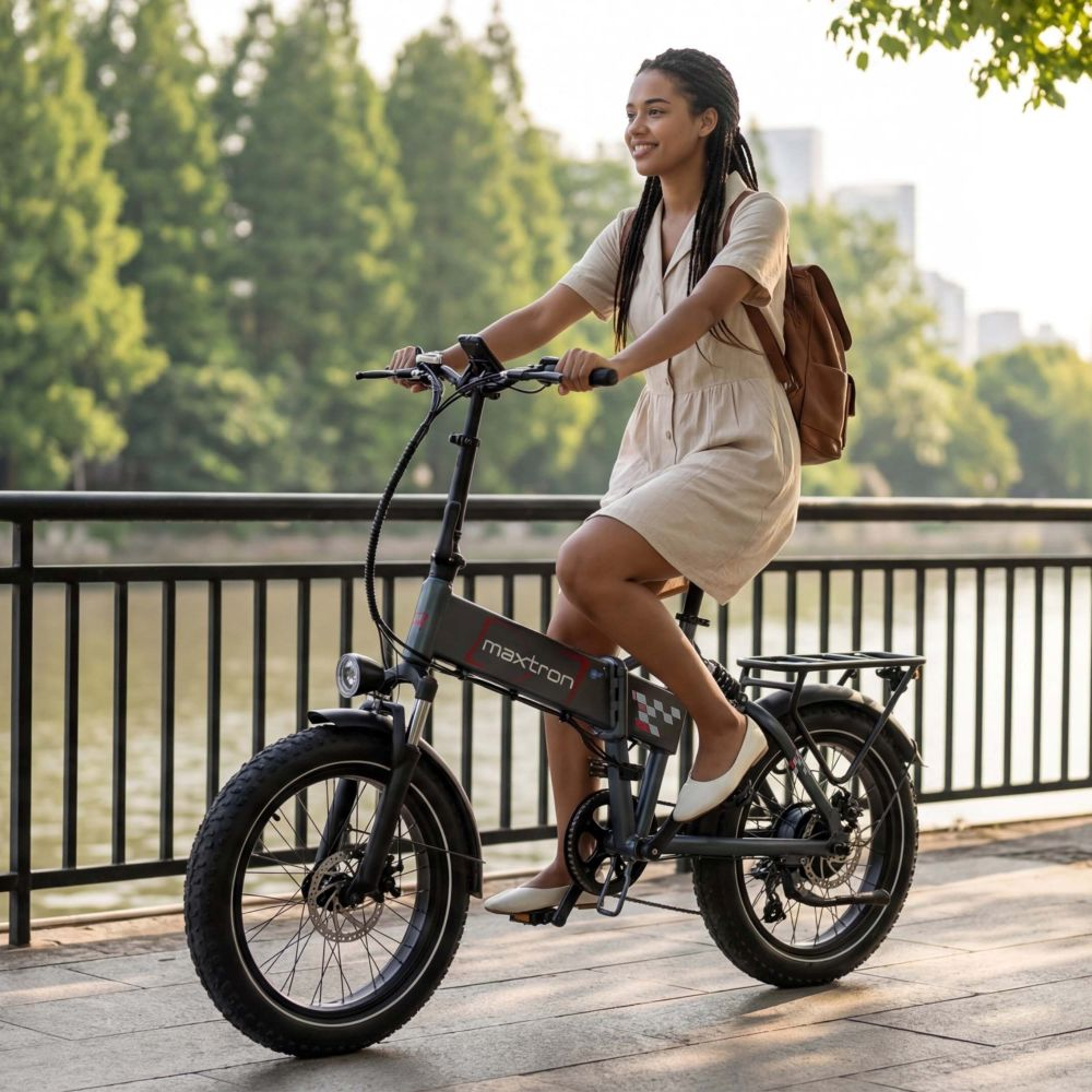 Mujer montando una bicicleta eléctrica plegable junto al agua, con árboles detrás.