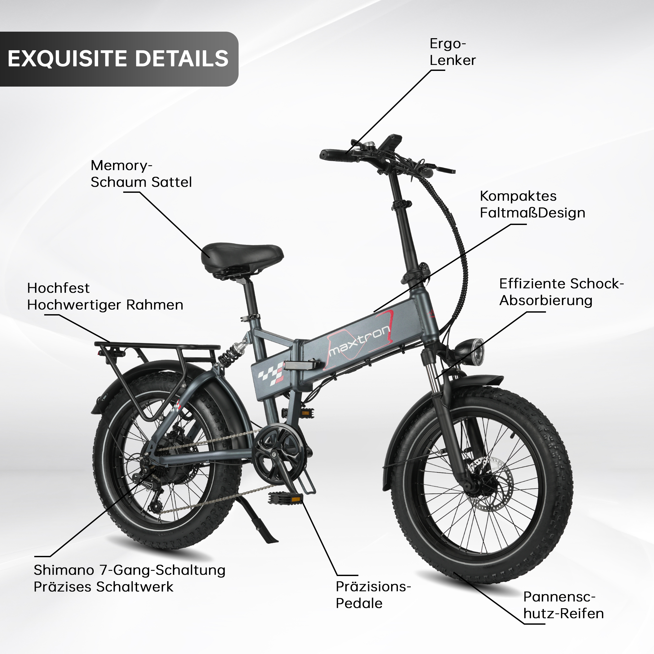 Una bicicleta eléctrica plegable gris con neumáticos anchos, portabultos y etiquetas.