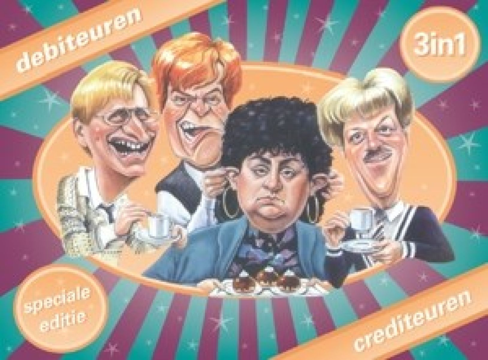 Vier karikaturen van mensen met overdreven gelaatstrekken die koffie drinken.