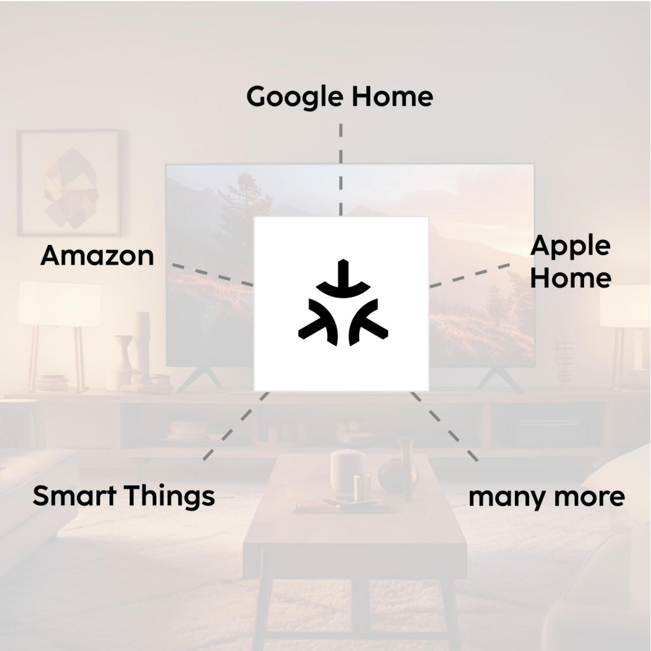 Diagram przedstawia logo w centrum, połączone z Amazon, Google Home, Apple Home i innymi.