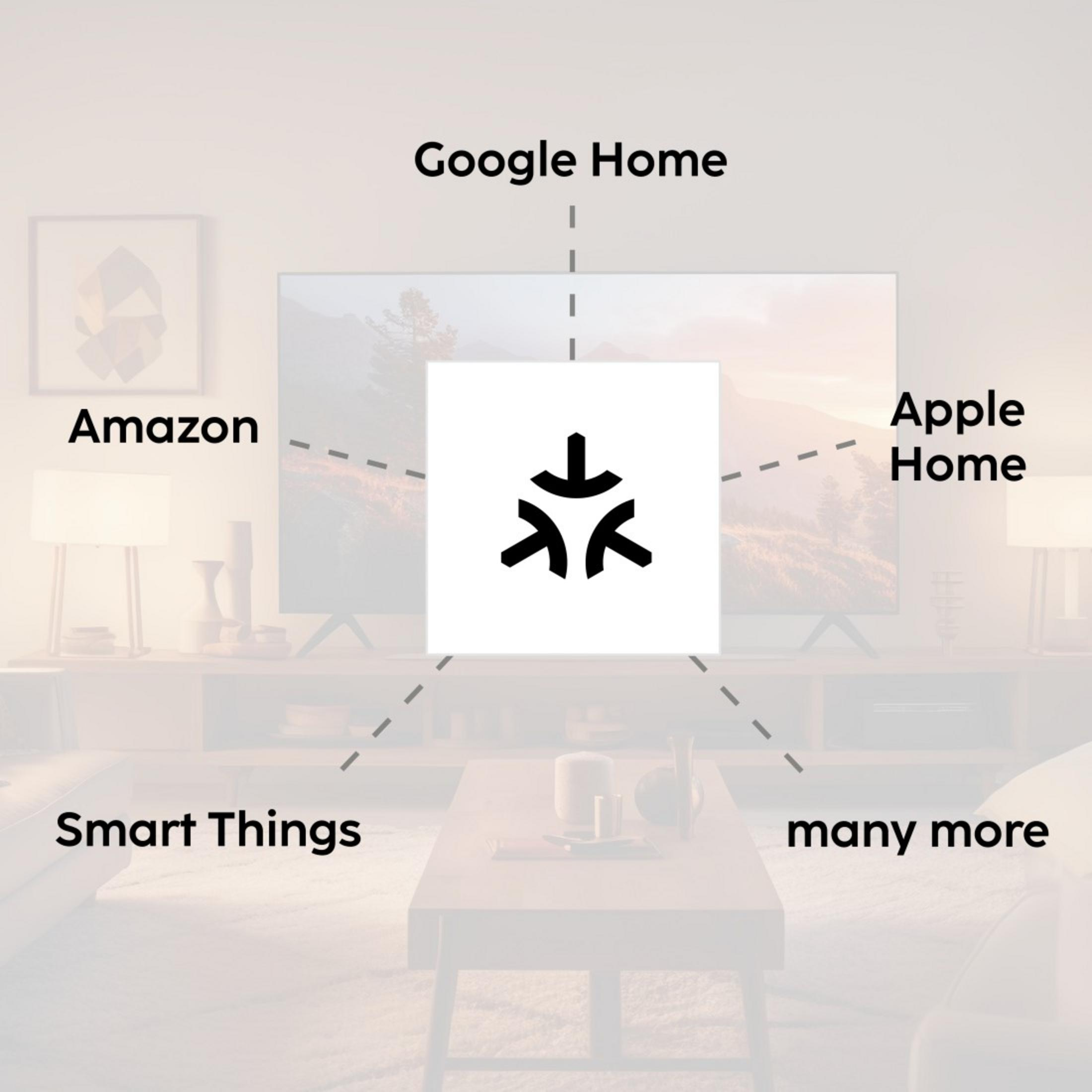 Diagram przedstawiający centralne logo połączone z Amazon, Google Home, Apple Home, Smart Things i innymi.