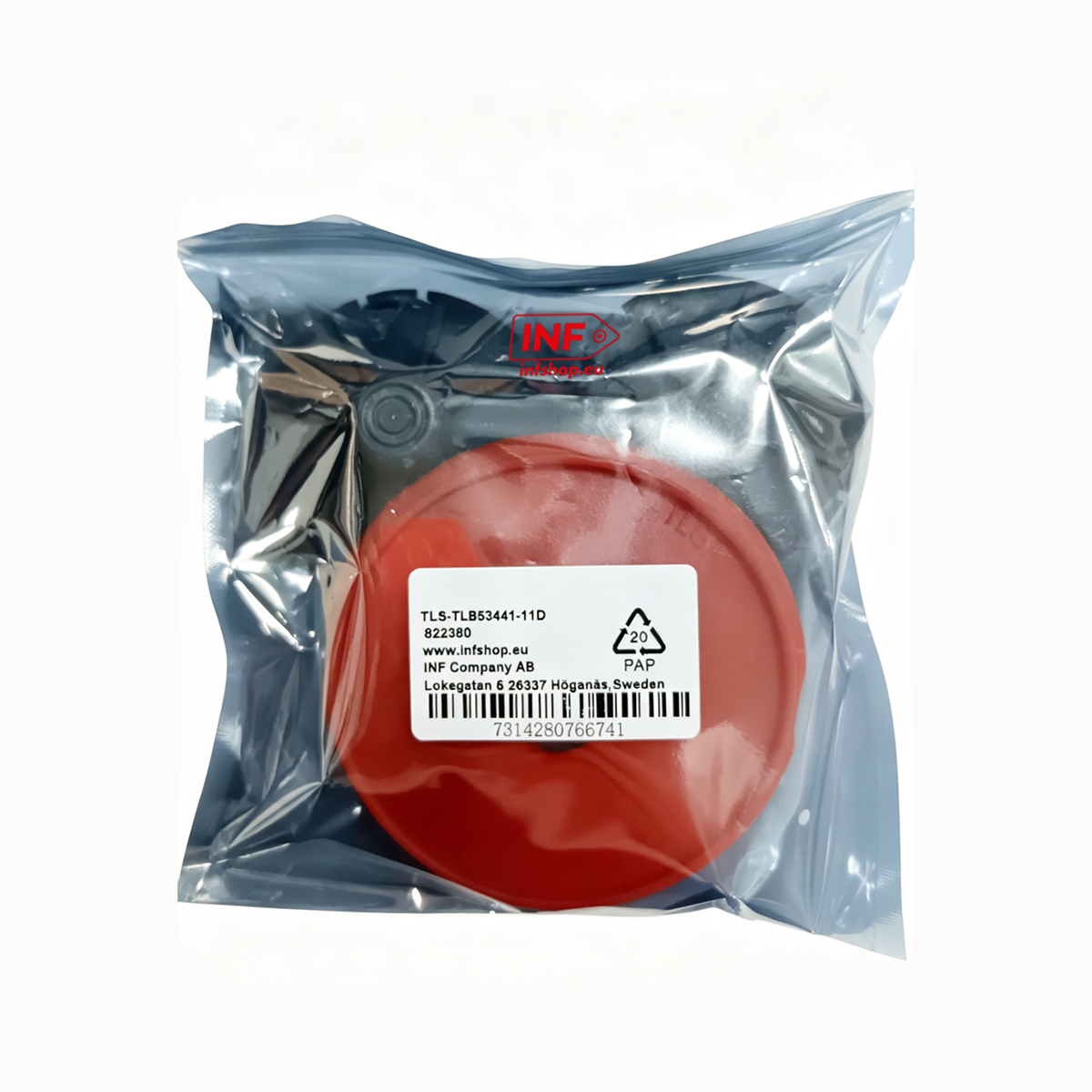 Ein roter runder Gegenstand in einer<lt/>0<gt/> Antistatik-Verpackung mit<lt/>0<gt/> Aufkleber.