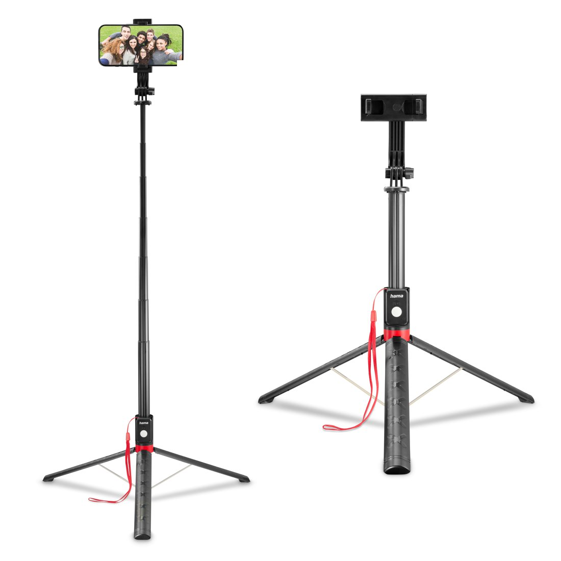Un selfie stick estensibile con treppiede e uno smartphone che mostra una foto.