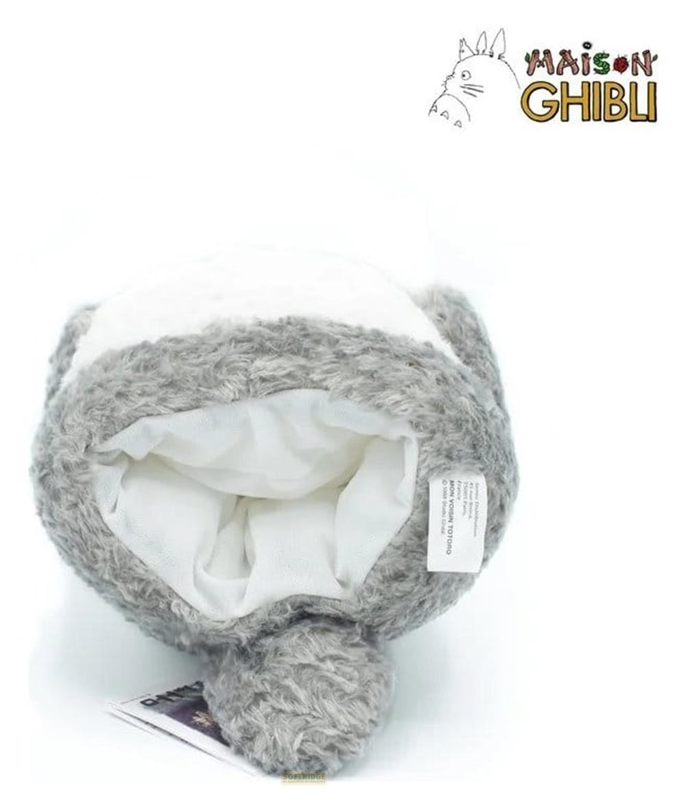 Un sac en peluche gris et blanc avec Totoro et le logo Ghibli.