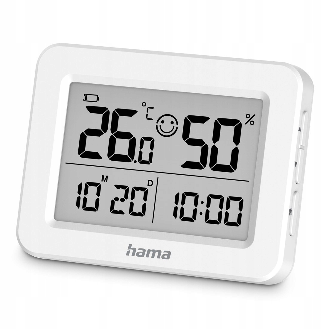 Bia4y termo-higrometr Hama pokazuje 26 stopni i 50% wilgotno4ci.