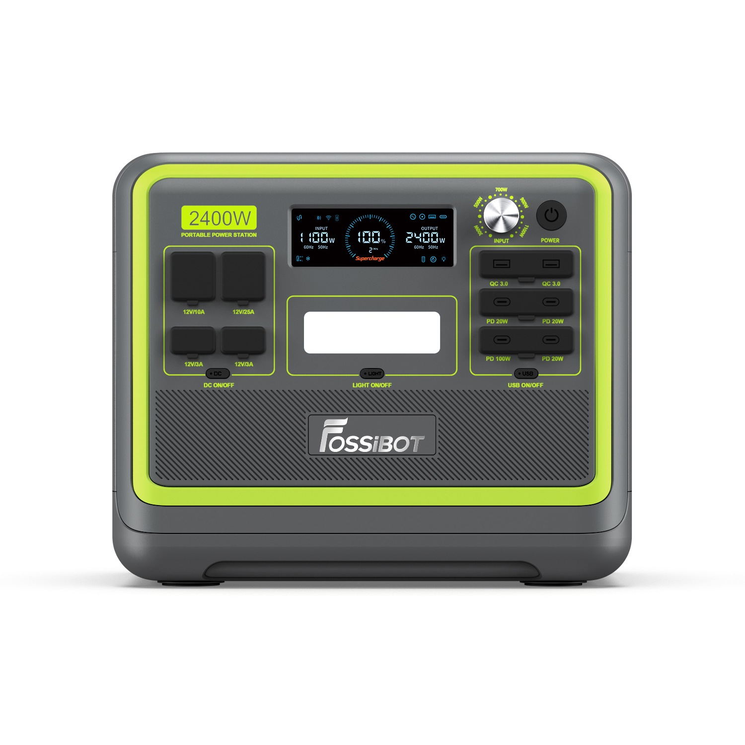 Una estación de energía portátil de 2400W, gris y verde lima, con múltiples puertos y pantalla digital.